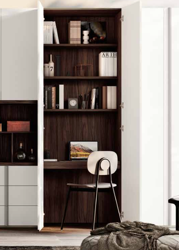 Armadio 8 ante battenti con zona studio, Bianco altea e Grigio seta