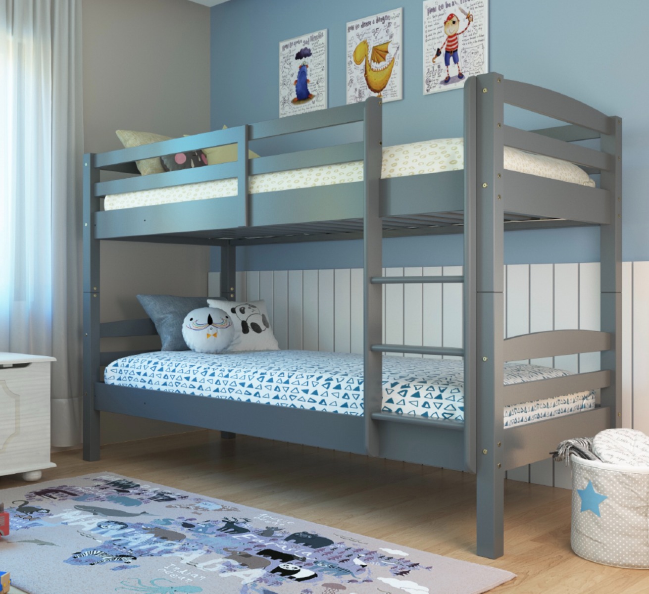 Letti mini castello in legno massello, finitura Grigio scuro