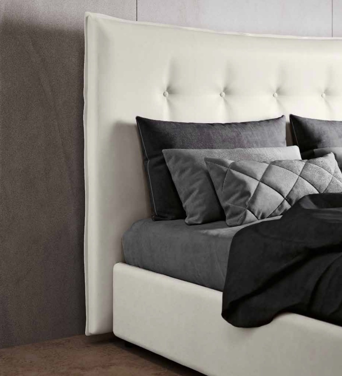 Letto matrimoniale con cassettone in ecopelle bianca con contenitore, Made in Italy