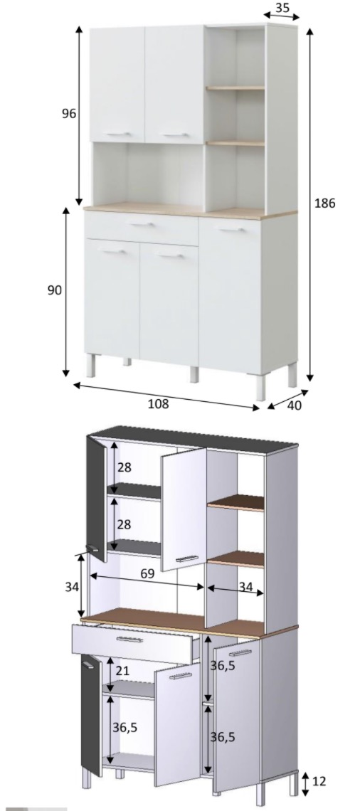 Mobile multiuso, 5 ante, 1 cassetto e 3 ripiani bianco artik e rovere canadian con stampa decorativa
