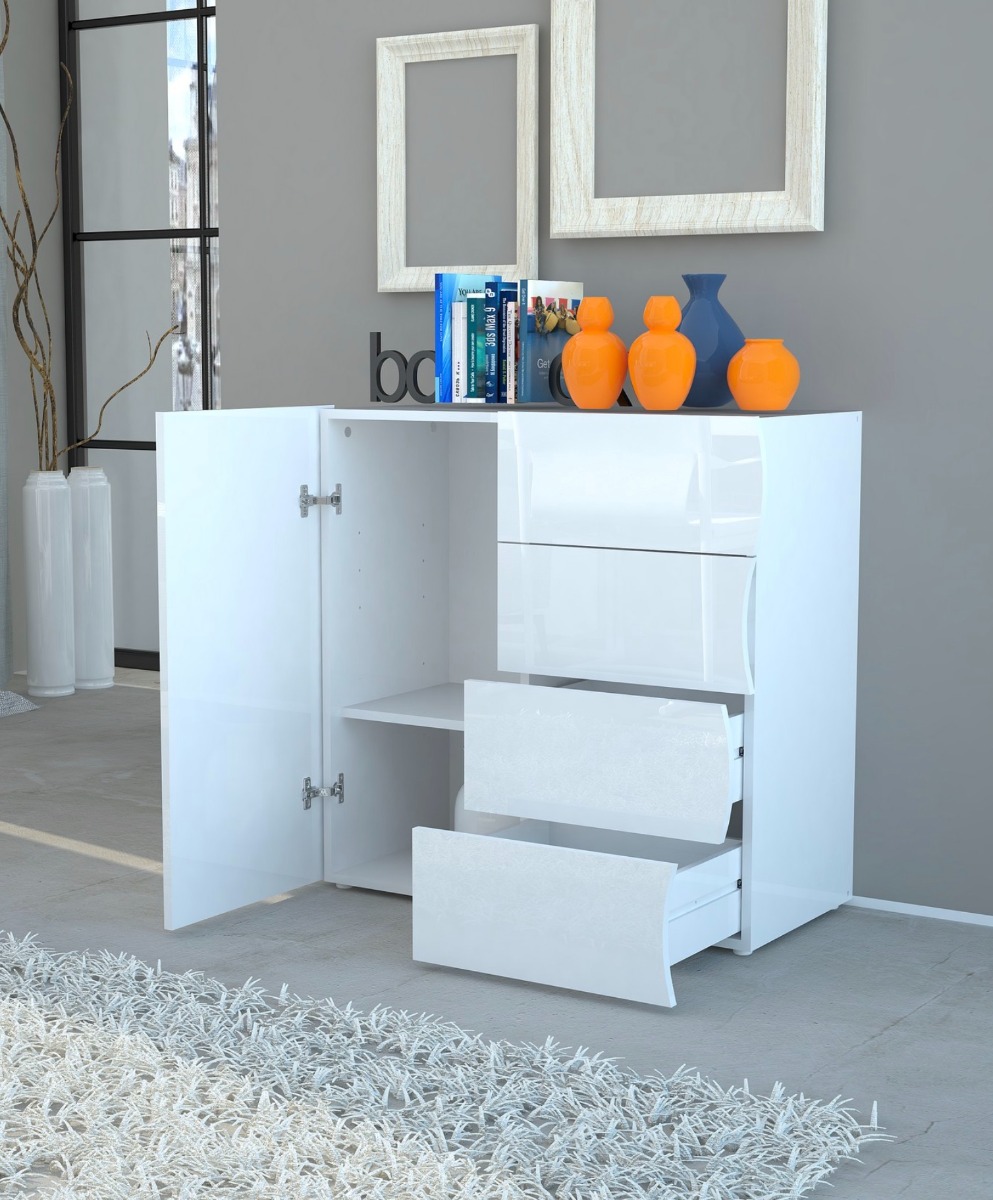 Madia linea onda con ante e cassetti in finitura Bianco