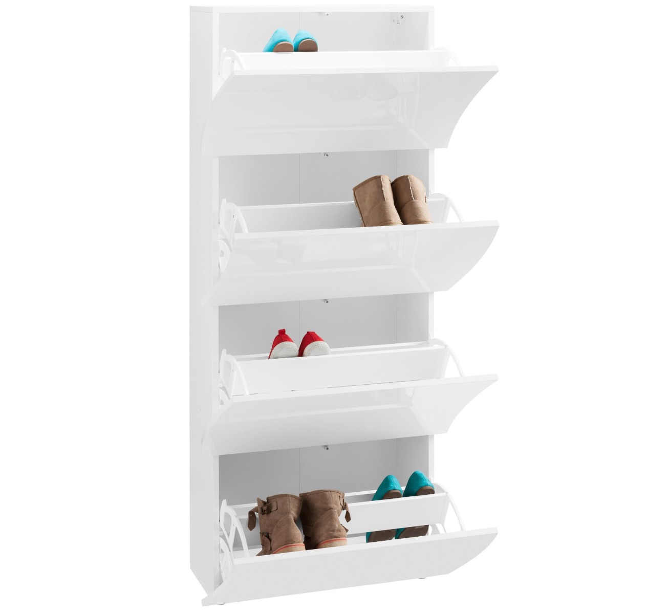 Scarpiera a 4 ante sagomate bianco laccato lucido, linea onda