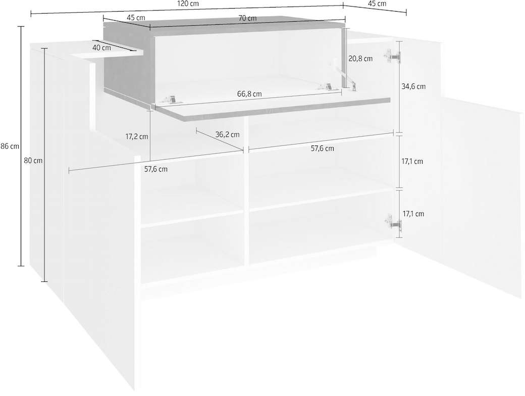 Madia multiuso bianca e ardesia, 2 ante e una ribalta
