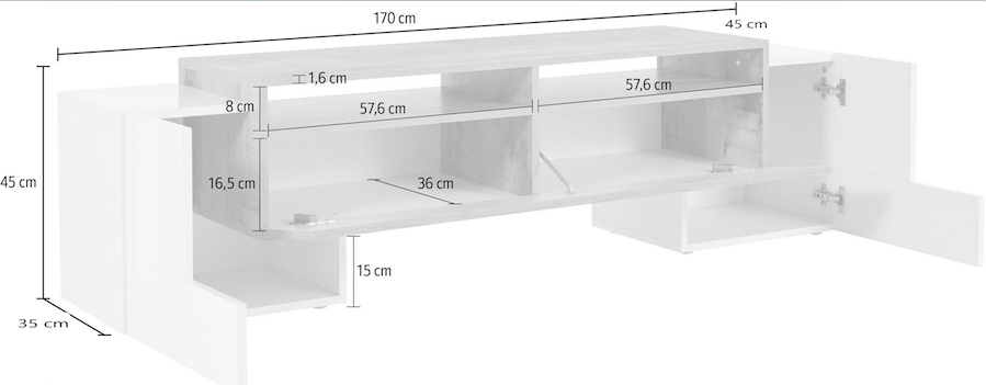 Porta tv bianco laccato lucido, 2 ante e una ribalta
