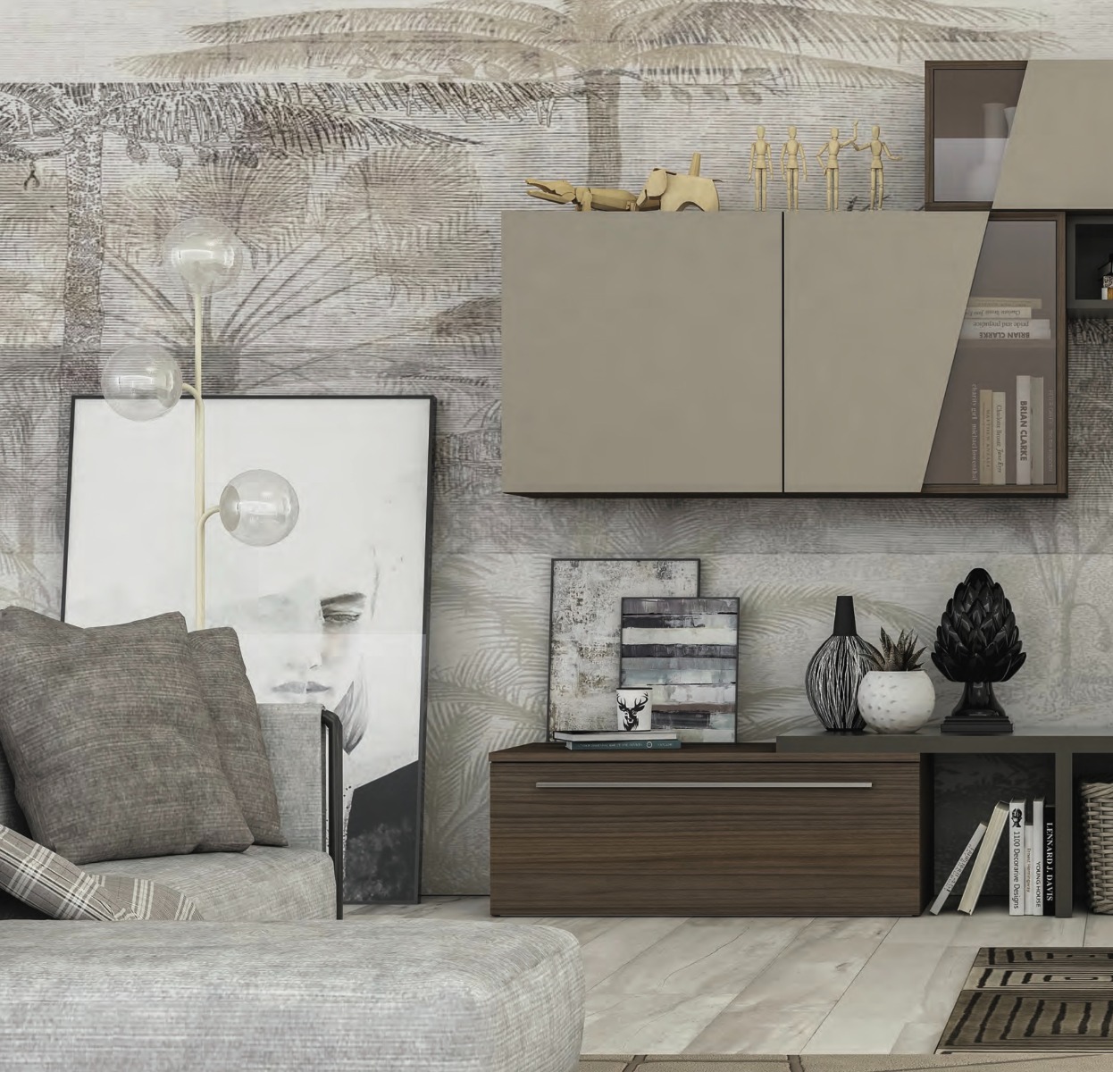 Parete attrezzata con pensili e libreria,  disponibile in diverse finiture, Made in Italy