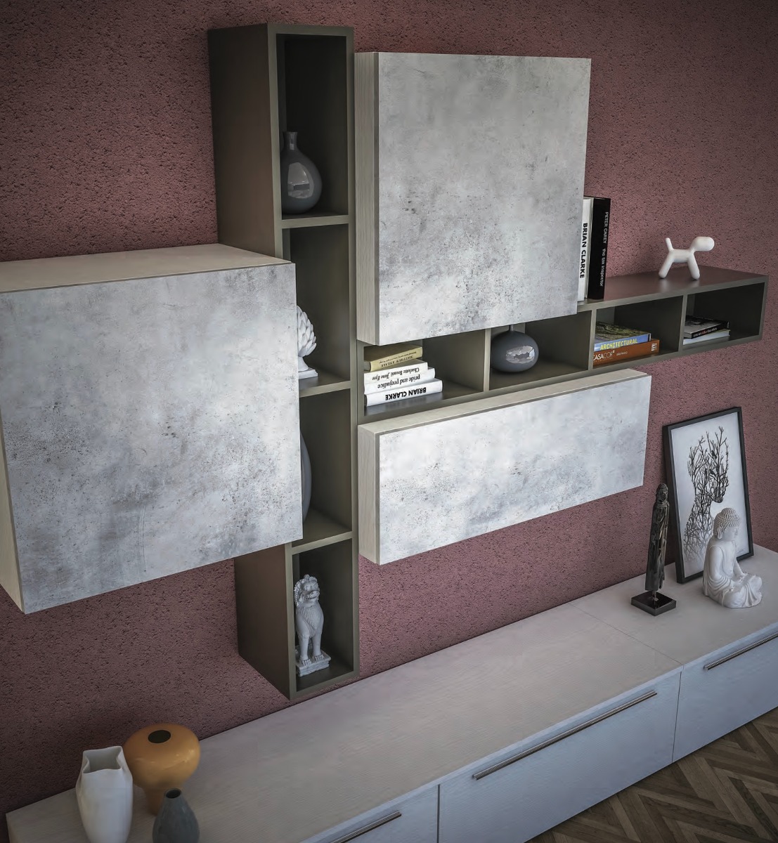 Parete attrezzata moderna, in finitura Bianco frassino, Cemento e Fango