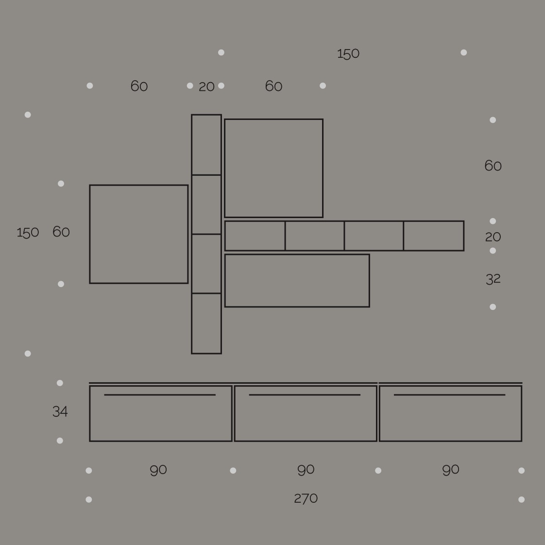Parete attrezzata moderna, in finitura Noce, frontali in Bianco Seta e Visone