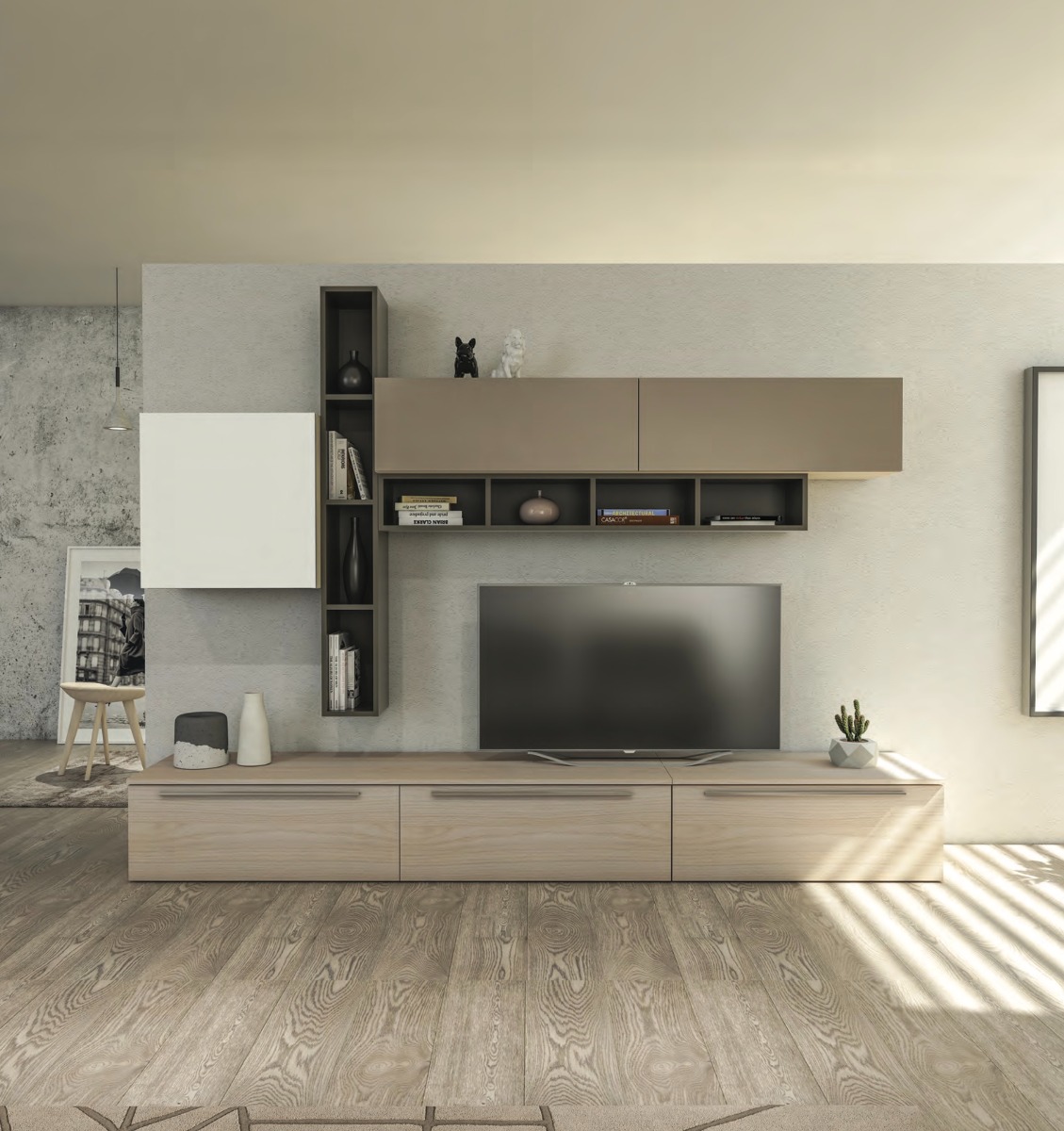 Moderna Parete attrezzata Olmo Perla con frontali e elementi sospesi in finitura Bianco seta e Visone e librerie color Fango