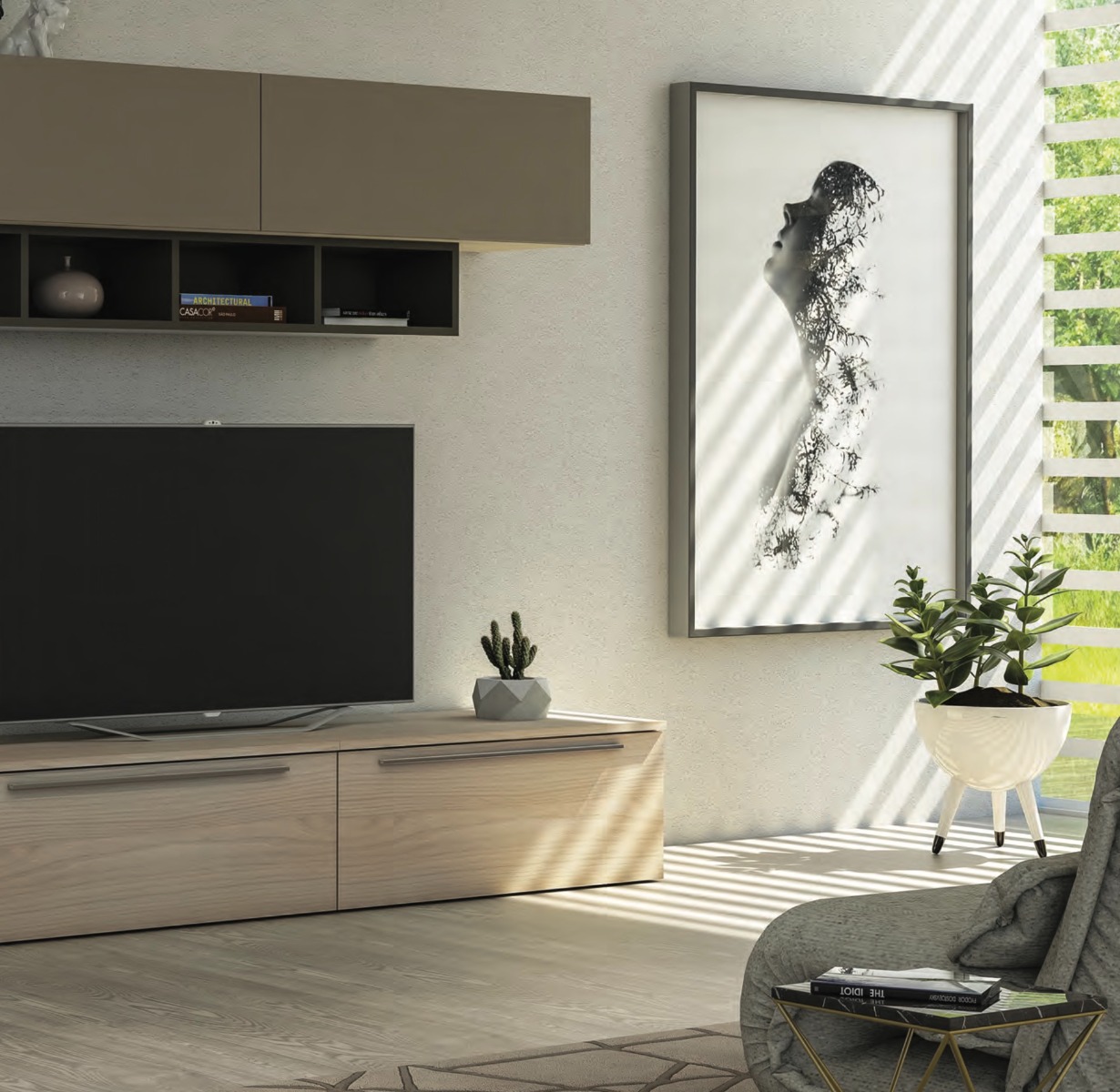 Parete attrezzata Olmo Perla con frontali e elementi sospesi in finitura Bianco seta e Visone e librerie color Fango