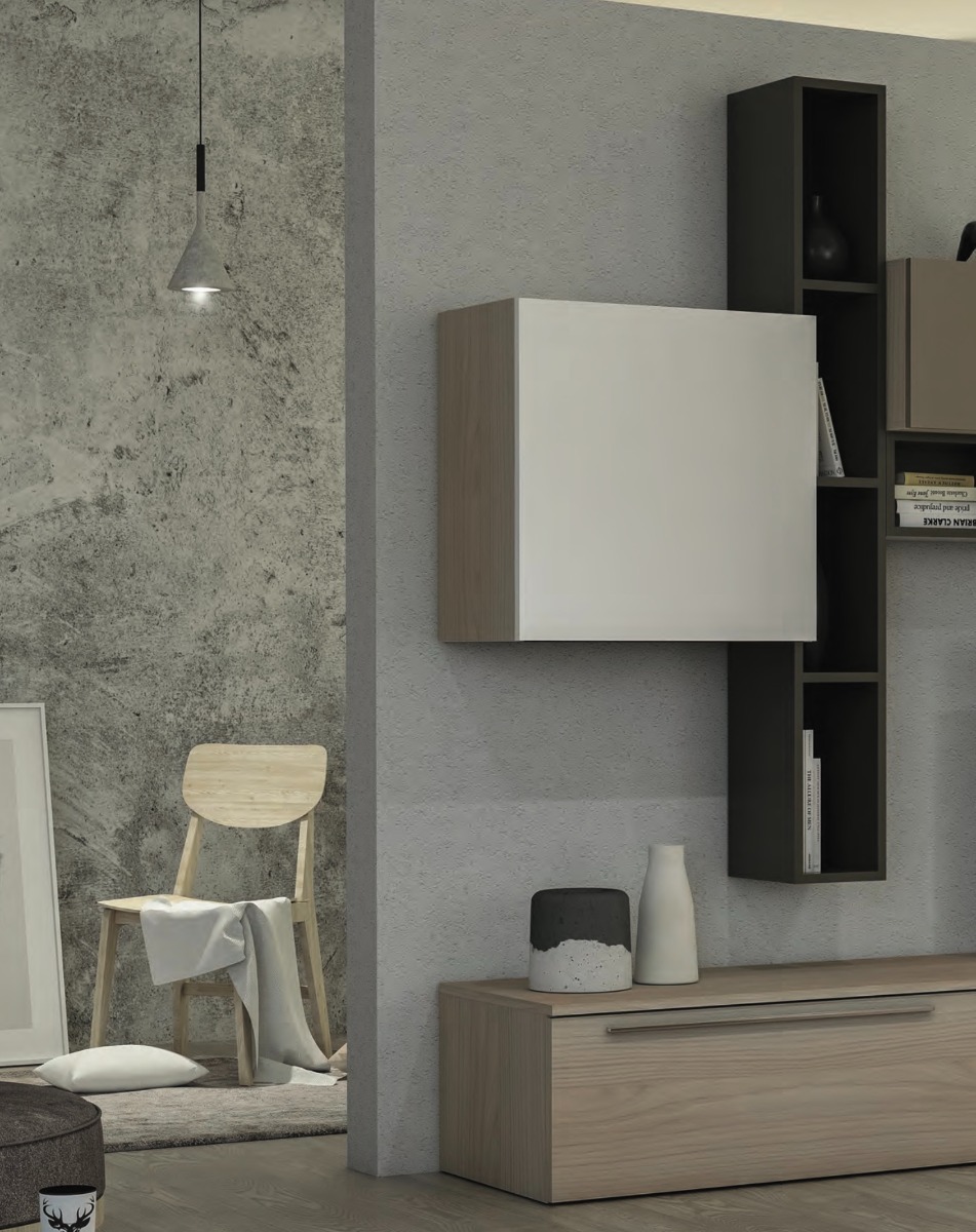 Moderna Parete attrezzata Olmo Perla con frontali e elementi sospesi in finitura Bianco seta e Visone e librerie color Fango