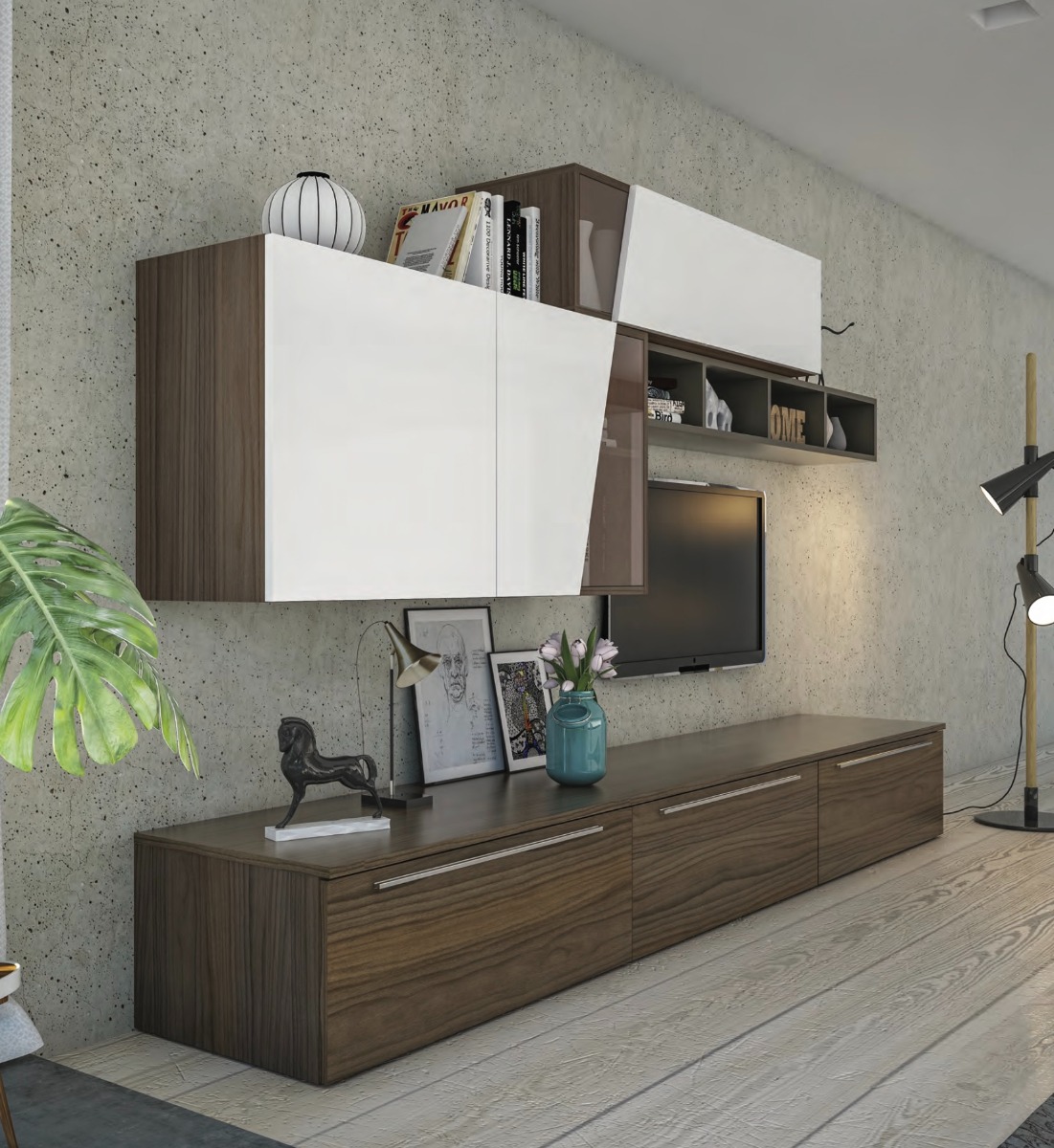 Parete attrezzata Noce con frontali e elementi sospesi in finitura Bianco seta e libreria orizzontale color Fango