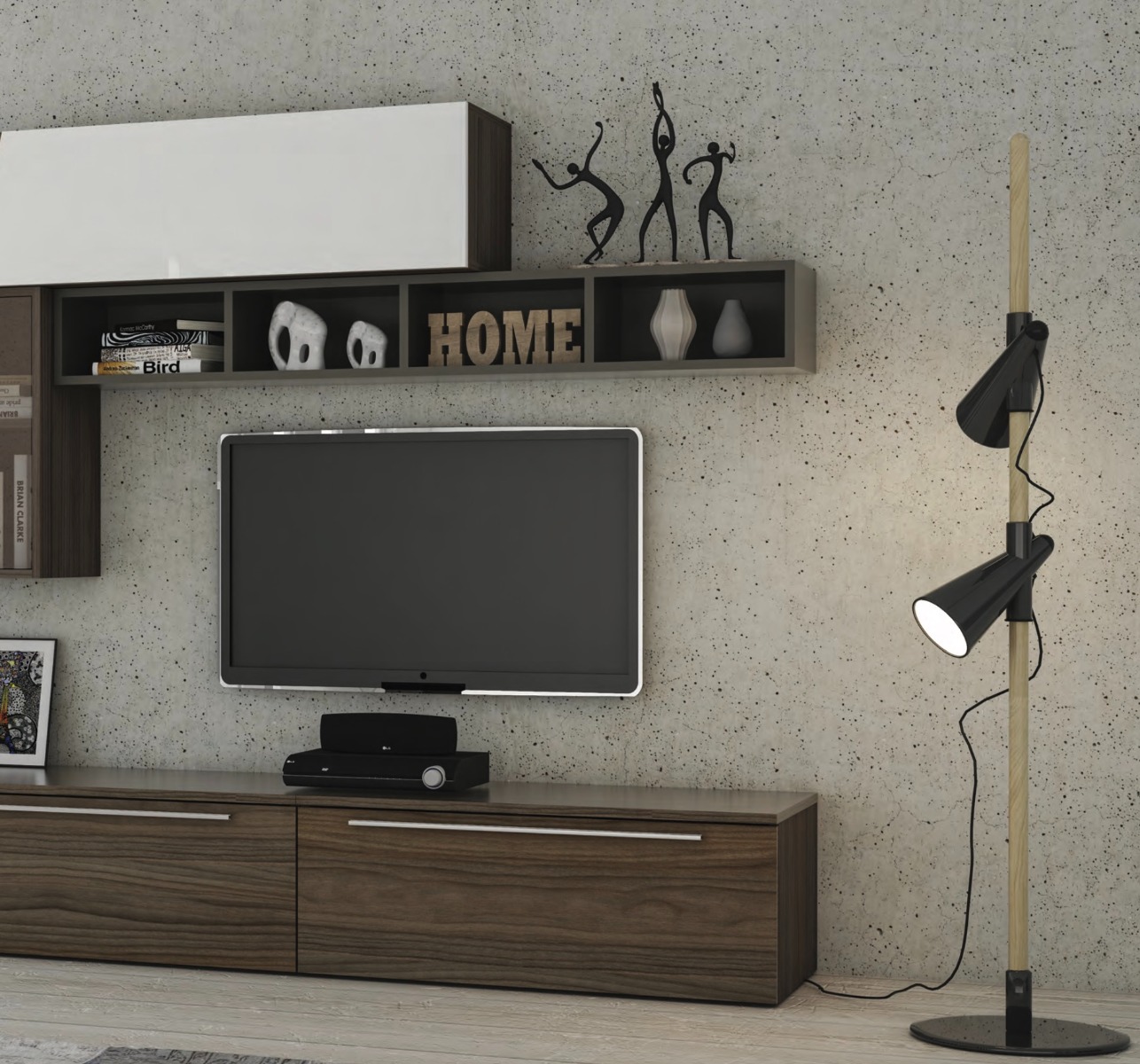 Parete attrezzata Noce con frontali e elementi sospesi in finitura Bianco seta e libreria orizzontale color Fango