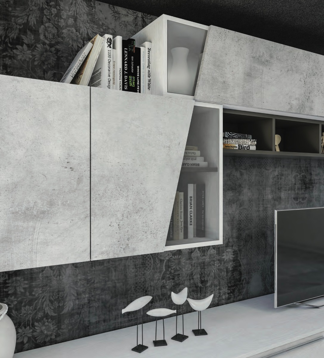 Parete attrezzata Bianco frassino con frontali e elementi sospesi in finitura Cemento e libreria orizzontale color Fango