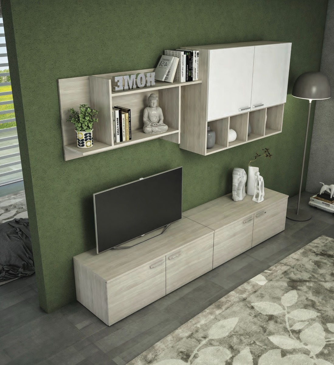 Parete attrezzata Olmo Perla con elemento sospeso Bianco seta, made in Italy