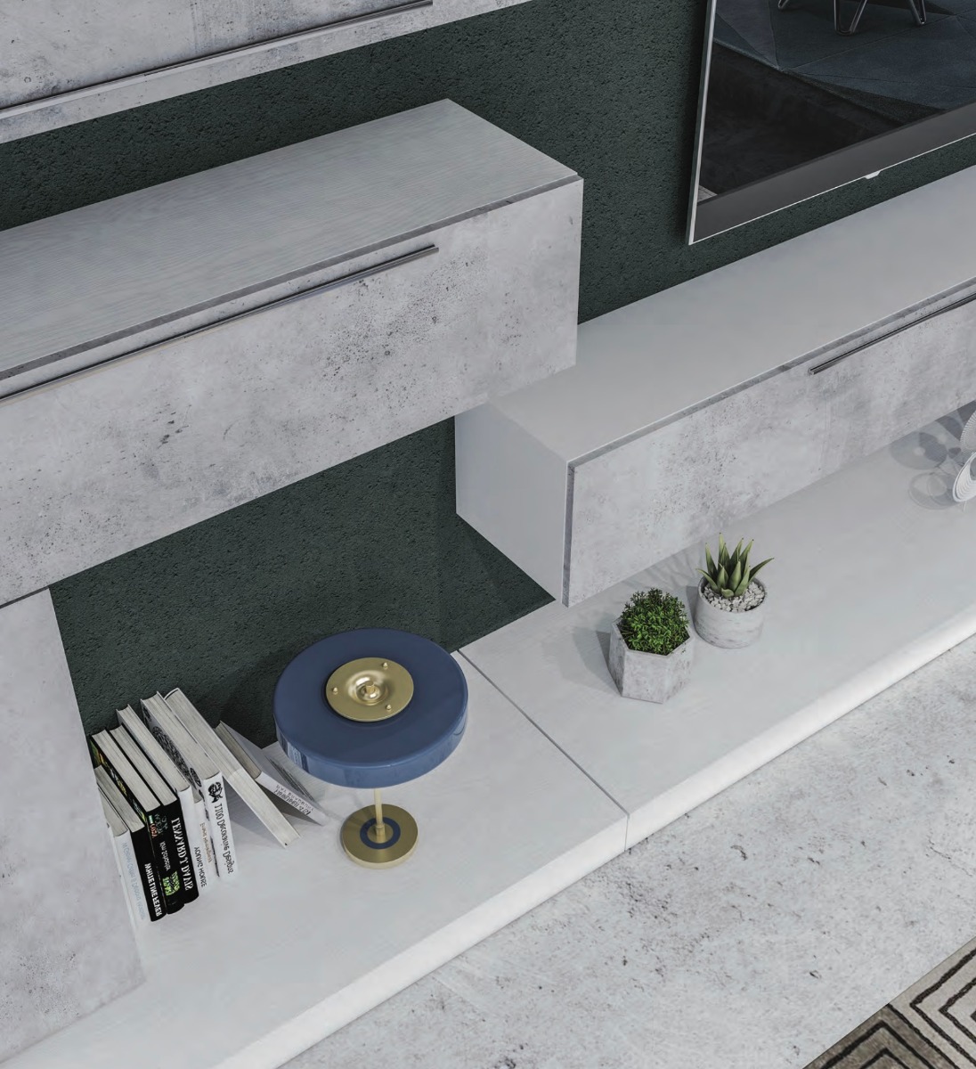 Parete attrezzata finitura Bianco Frassino, elementi sospesi e in appoggio con frontali in finitura Cemento