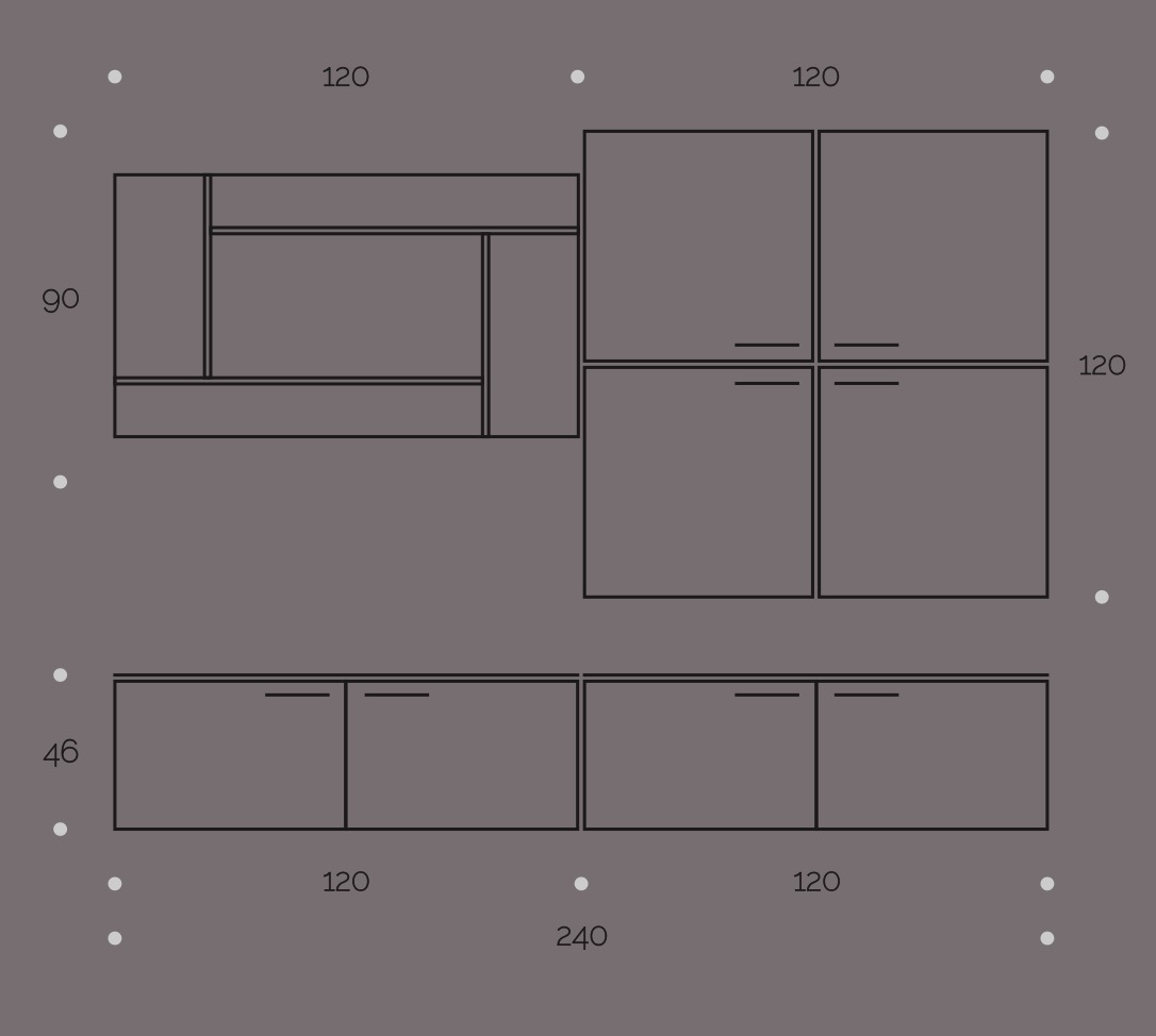 Parete attrezzata finitura Olmo perla con frontali Bianco Lucido, made in Italy