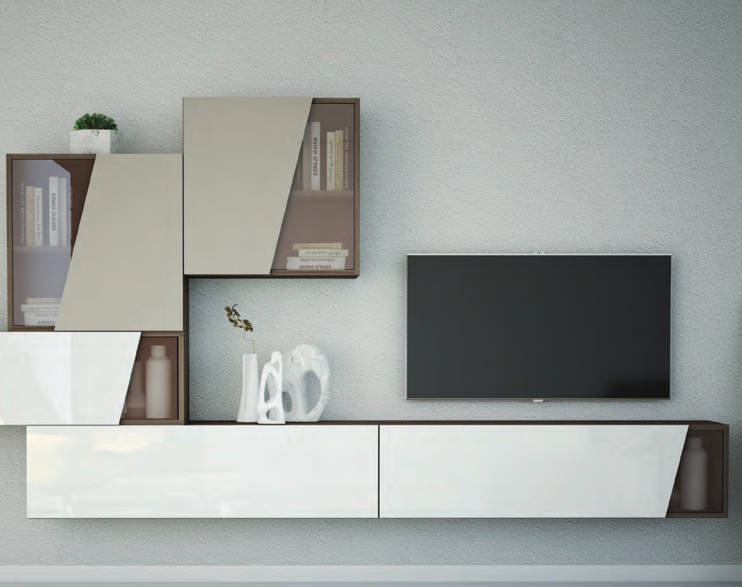 Parete attrezzata Noce, Visone, Bianco Laccato con dettagli in vetro, Made in Italy