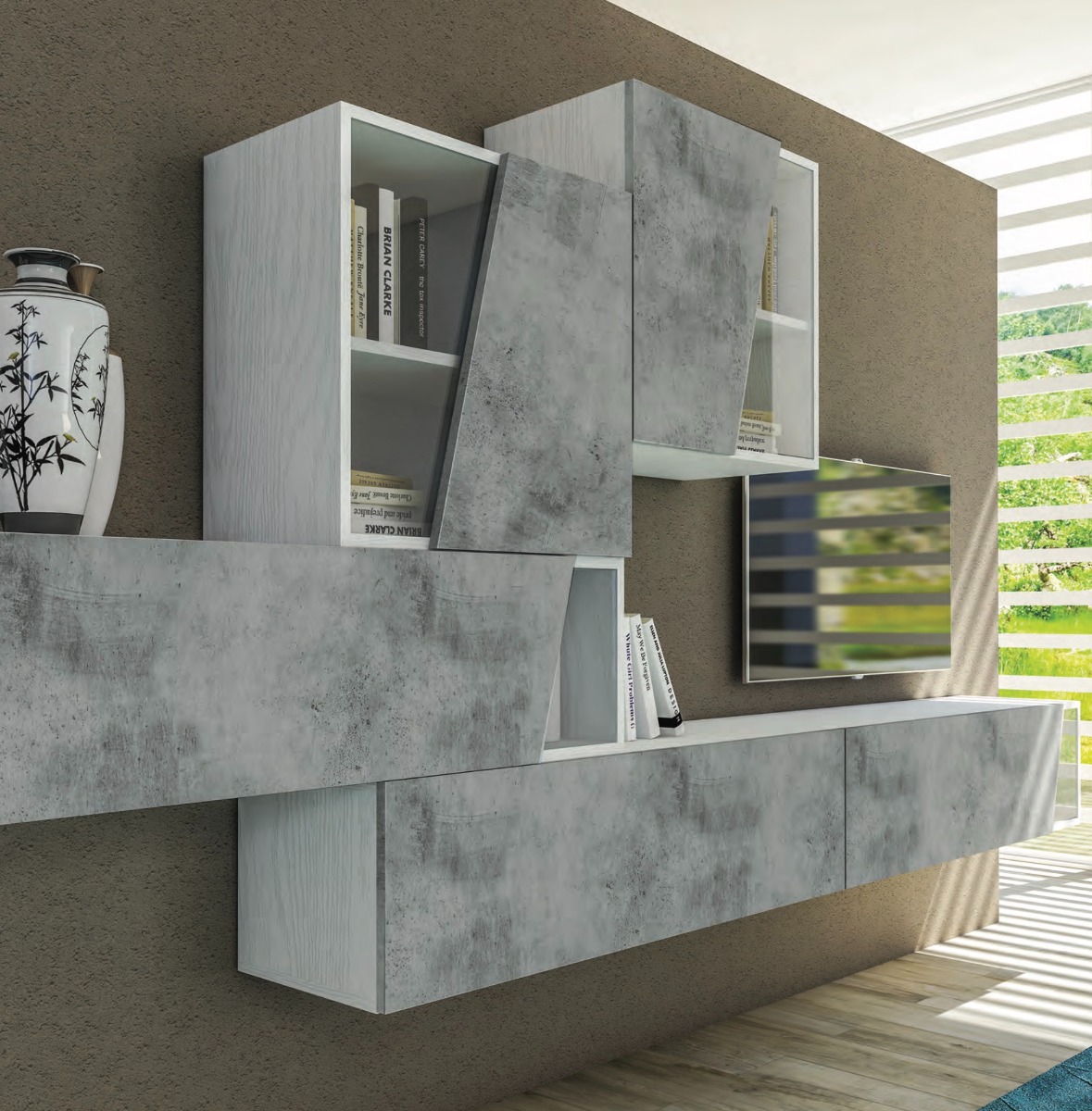 Parete attrezzata Bianco Frassinato con frontali in finitura Cemento, Made in Italy