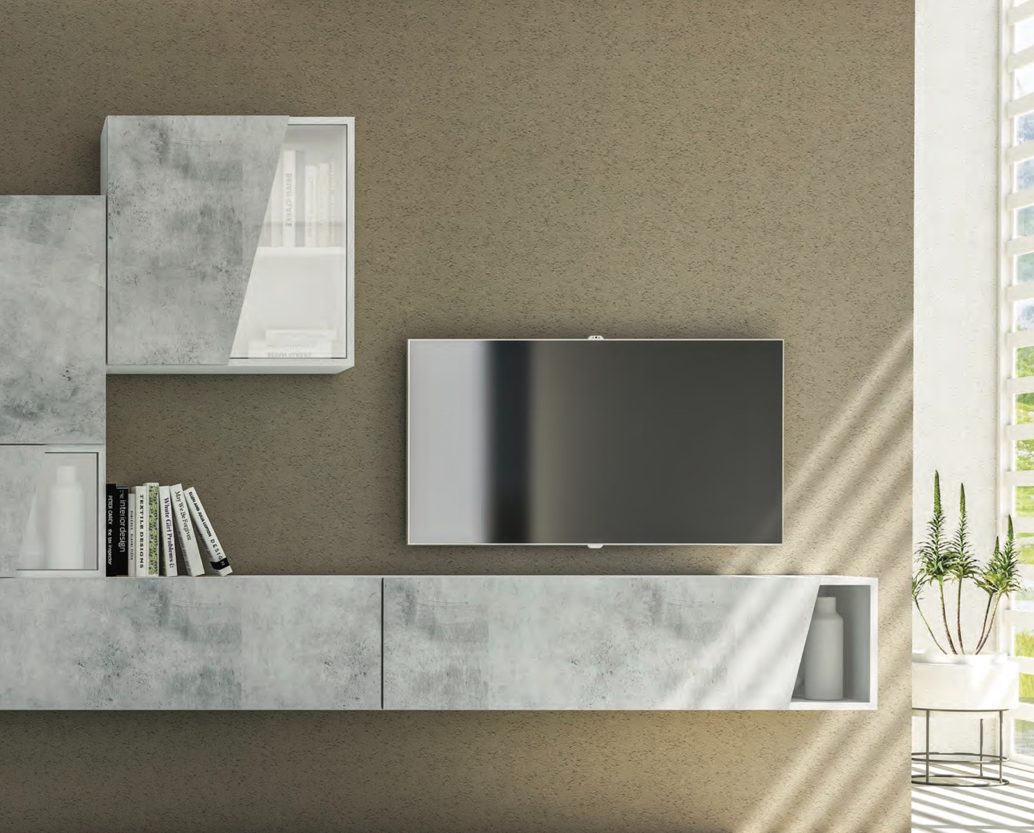 Parete attrezzata Bianco Frassinato con frontali in finitura Cemento, Made in Italy