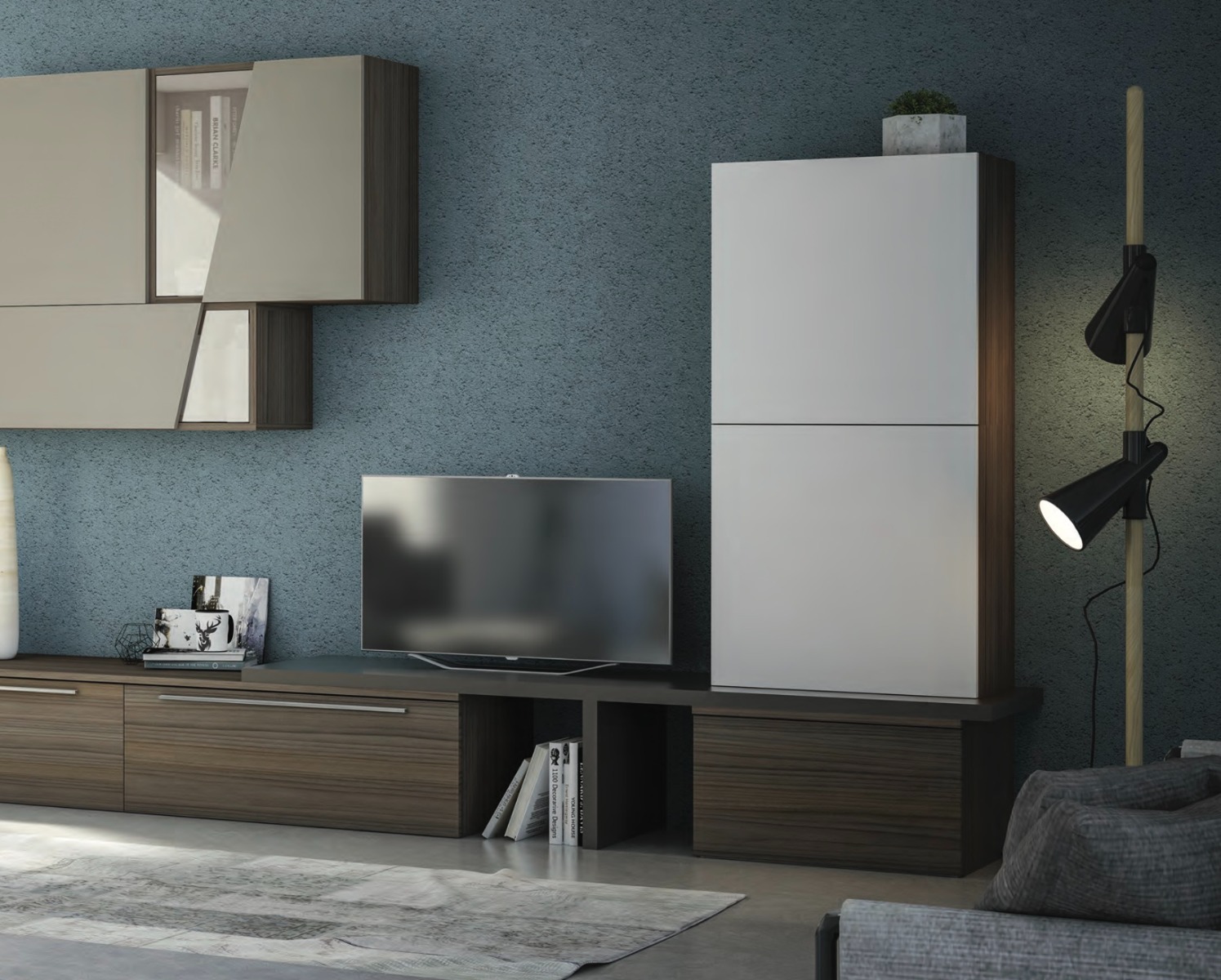 Parete attrezzata moderna, in finitura Noce,  Visone, Bianco seta e Fango, Made in Italy