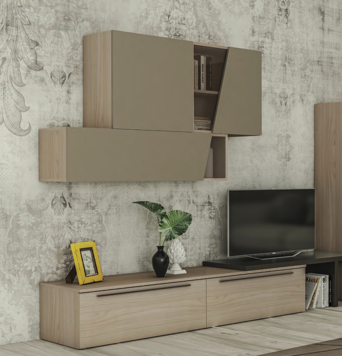 Parete attrezzata moderna, Olmo perla, Visone, Bianco seta e Fango,  Made in Italy