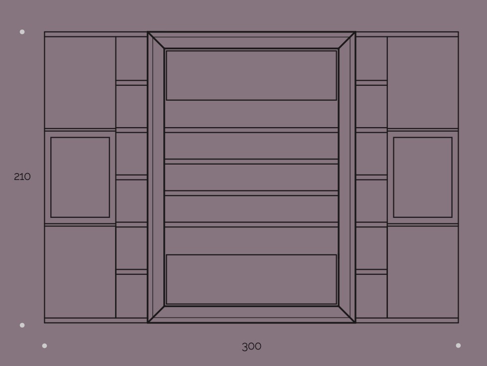 Parete attrezzata di grandi dimensioni, finitura Olmo Perla e Bianco Lucido, con antine centrali in vetro, made in Italy