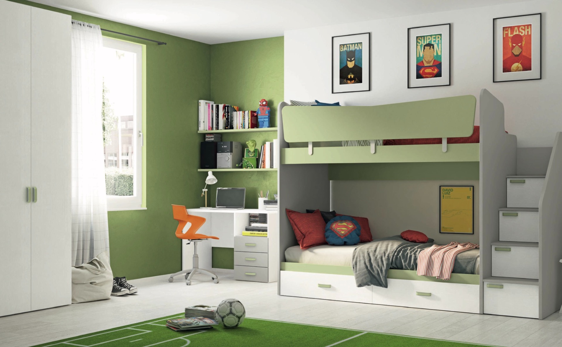 Letto a castello scontato in finitura Grigio dorian, Oliva e Rovere bianco