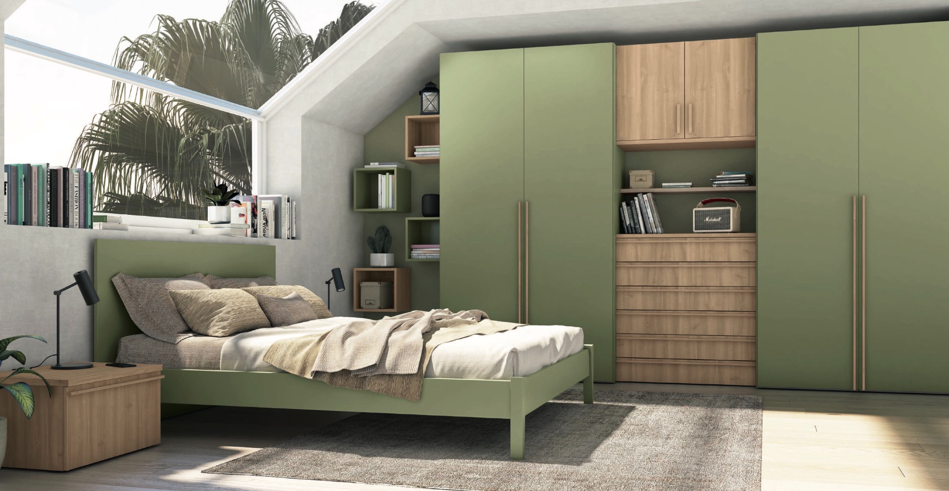 Armadio a 4 ante battenti e cassetti in finitura Royal Oak e Oliva