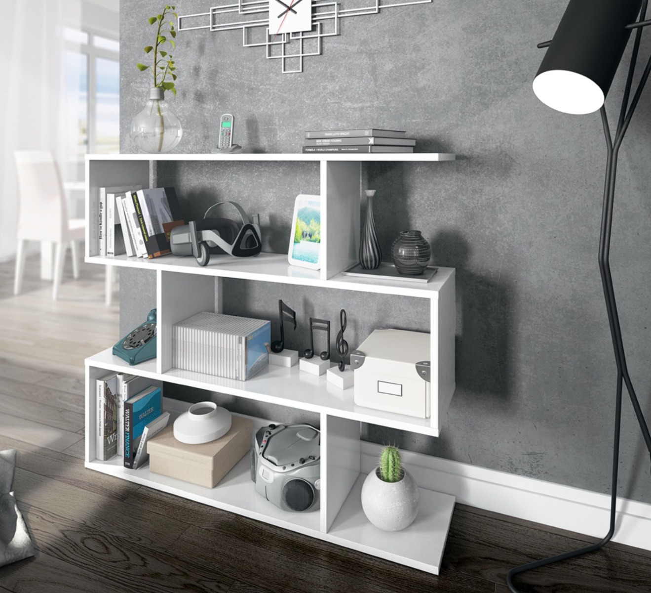 Libreria moderna con 4 ripiani, bianca lucida