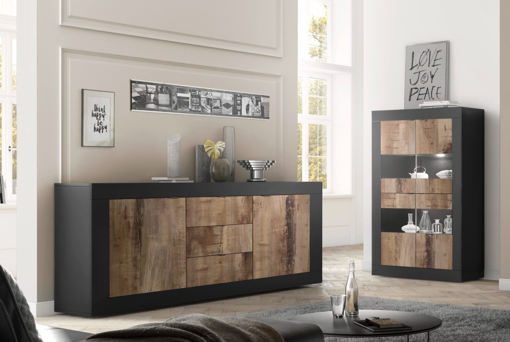 Elegante Vetrina moderna scontata con 2 ante, Nero e Pero