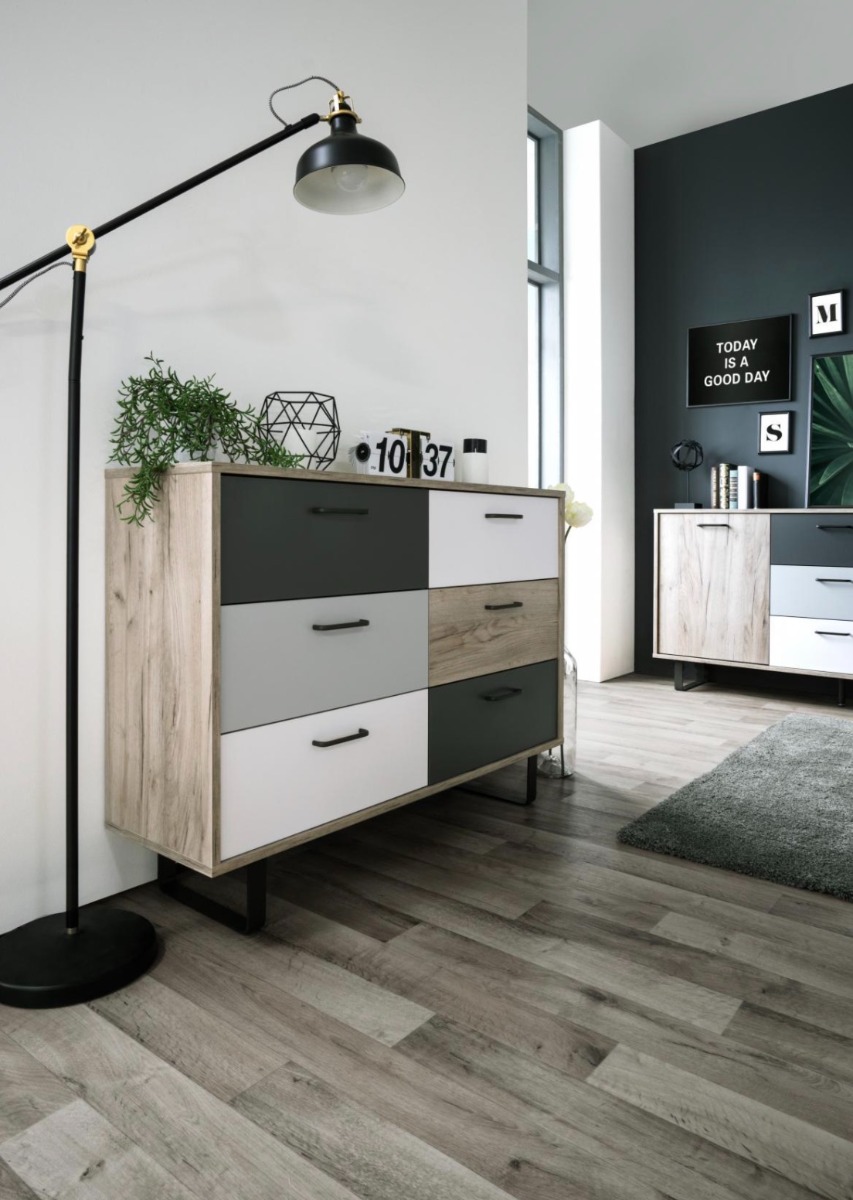 Madia Cassettiera Lappo di design con gambe in metallo, 6 cassetti, finitura Quercia, Bianca, Grigio e Antracite