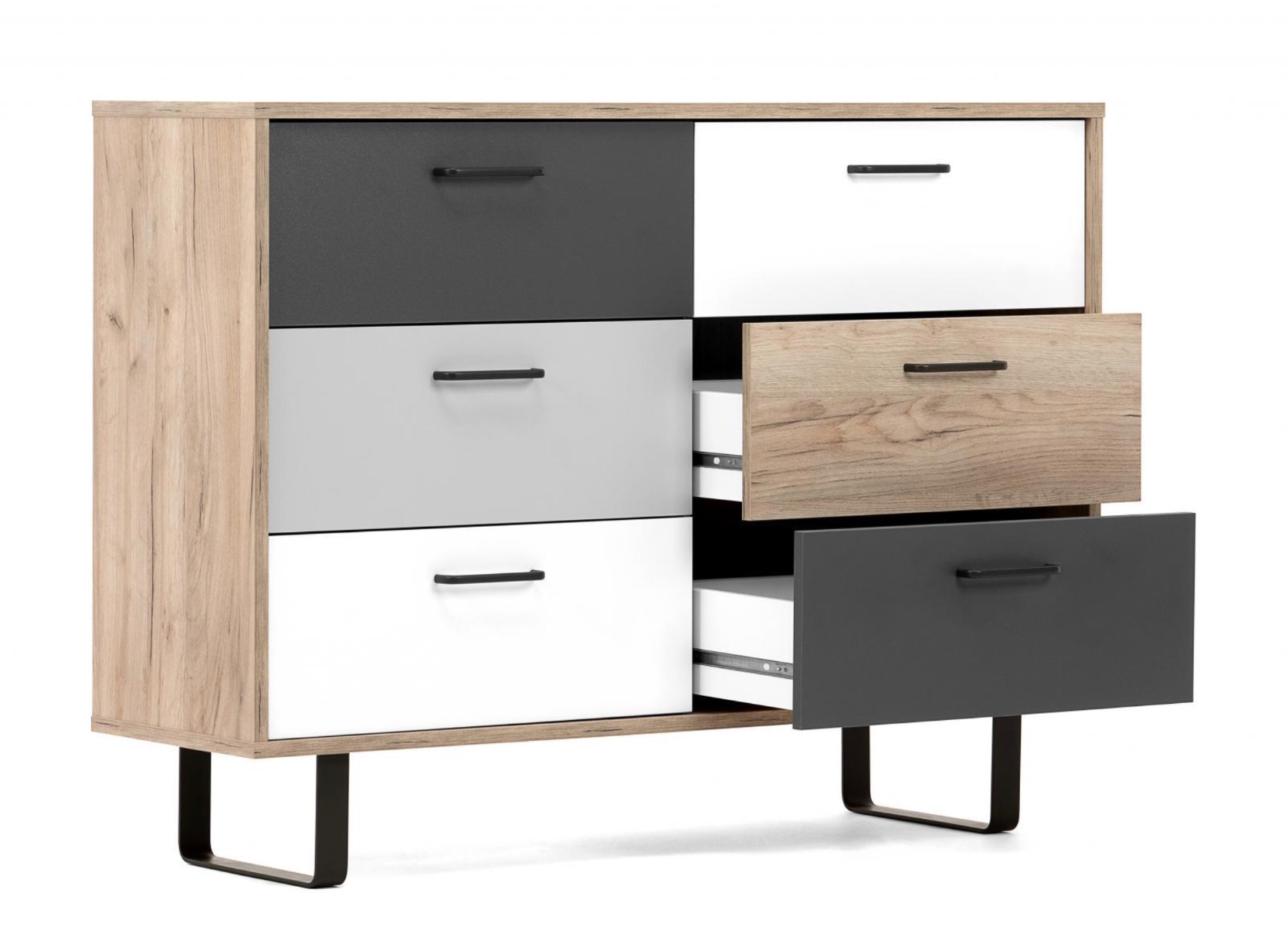 Madia Cassettiera Lappo di design con gambe in metallo, 6 cassetti, finitura Quercia, Bianca, Grigio e Antracite