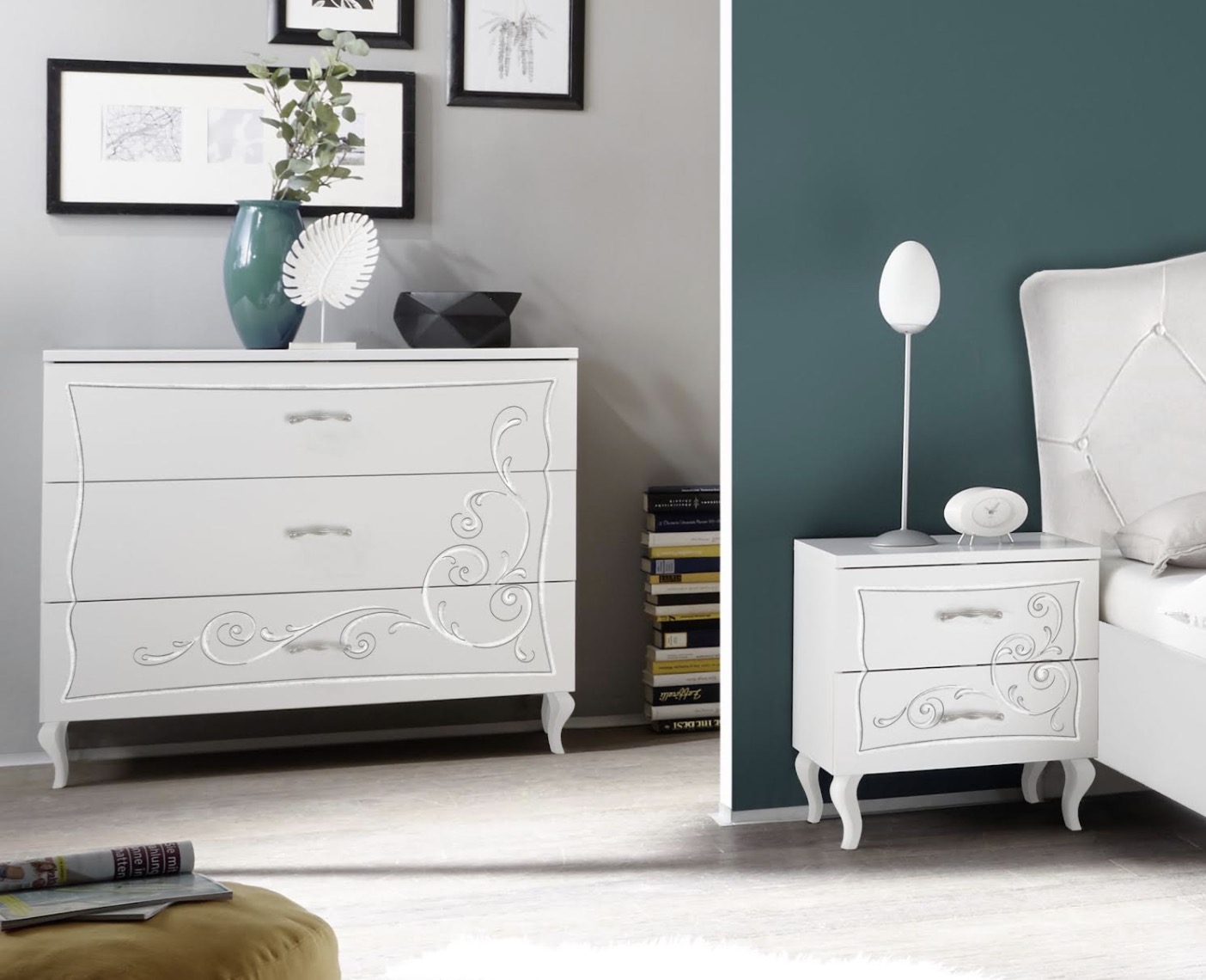 Camera matrimoniale, finitura Bianco opaco con serigrafia, Made in Italy