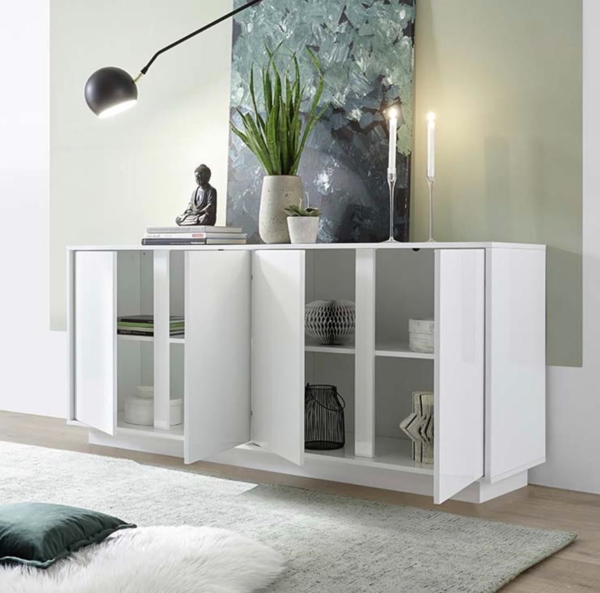 Credenza Madia moderna con 4 ante in finitura bianco lucido