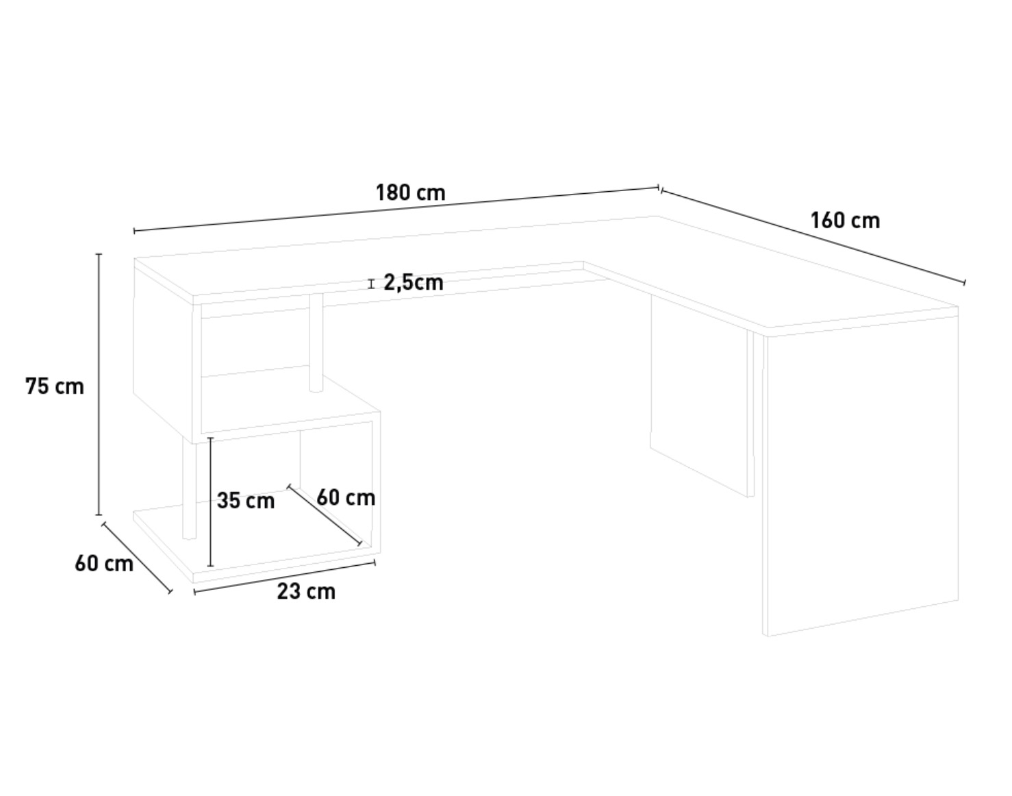 Scrivania moderna ad angolo con gamba "S", finitura ardesia
