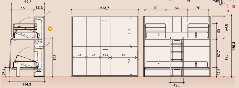 Letto castello a scomparsa, finitura Ciliegio bianco e Rovere white