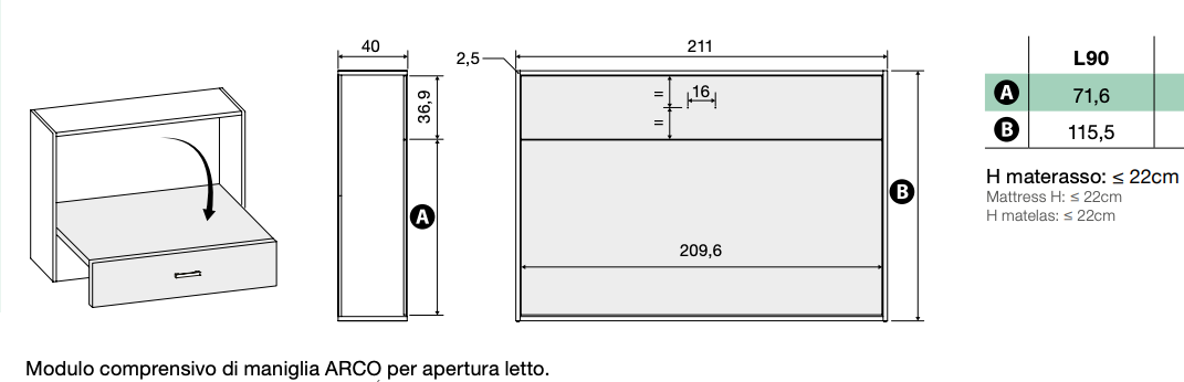Cameretta con letto a scomparsa e armadio 2 ante, finitura Bianco altea e Bronzo
