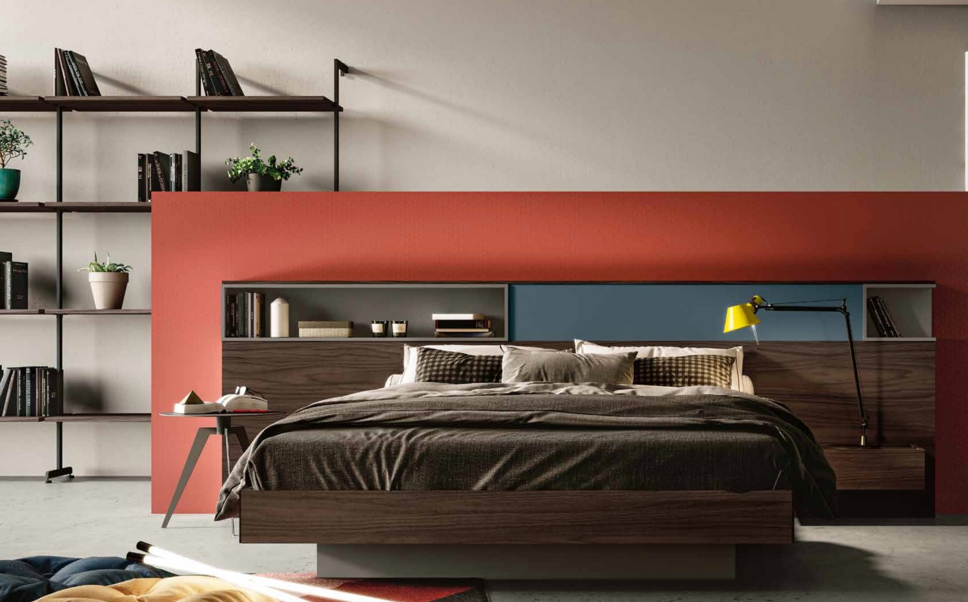 Letto matrimoniale contenitore King size, 180x200, blu petrolio e noce moro