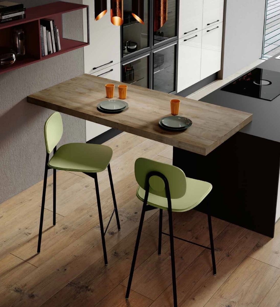 Coppia di sgabelli, colore verde in stile moderno, con seduta colorata, Made in Italy