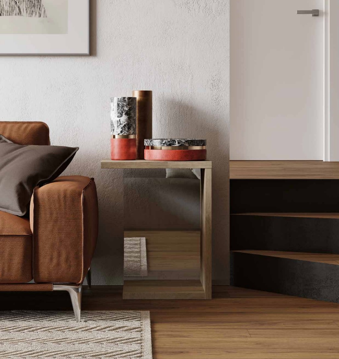 Tavolino salvaspazio, color quercia, verticale con vetro