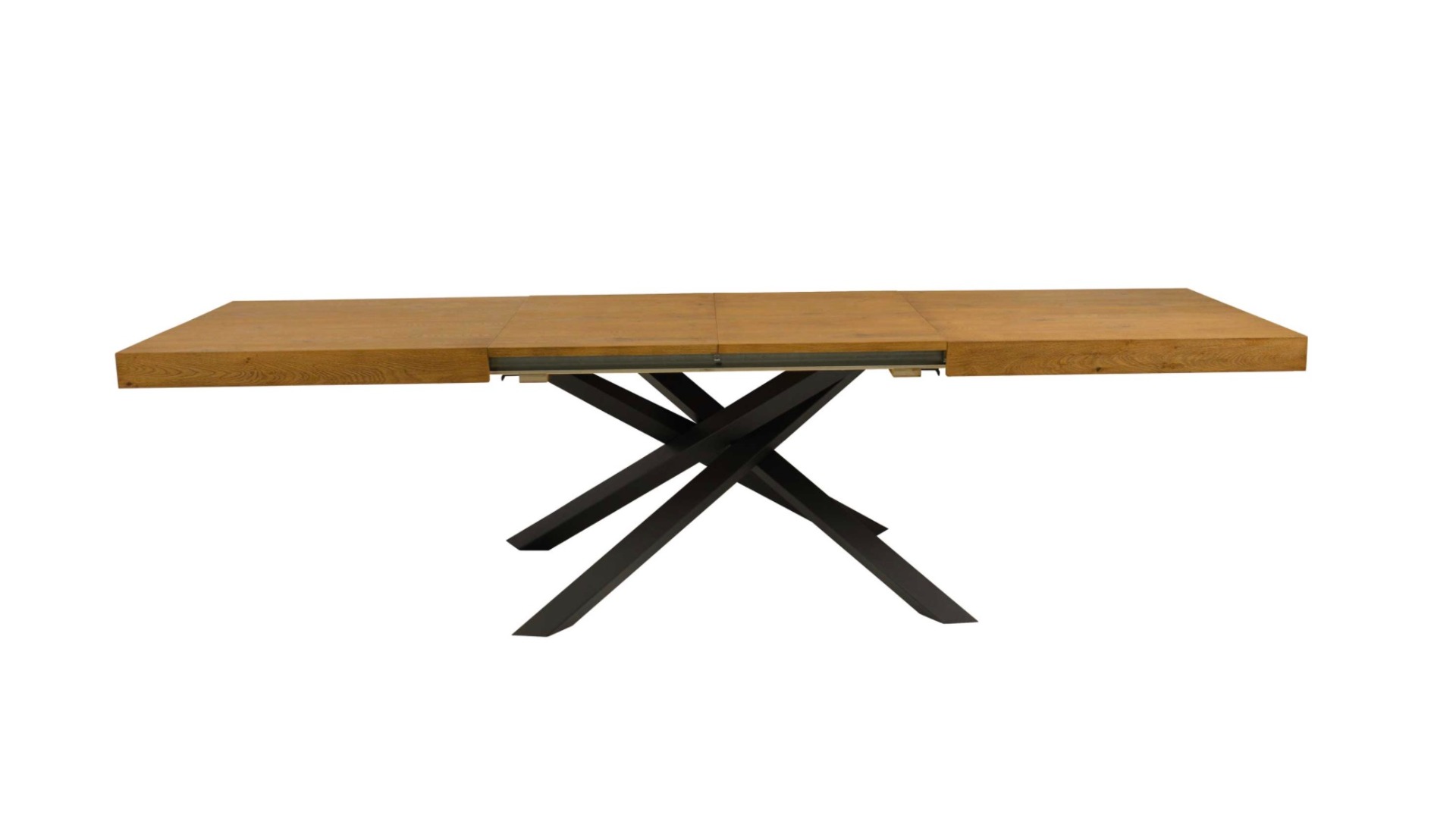 Tavolo di design allungabile con piano rovere nodato, gambe in metallo L.160