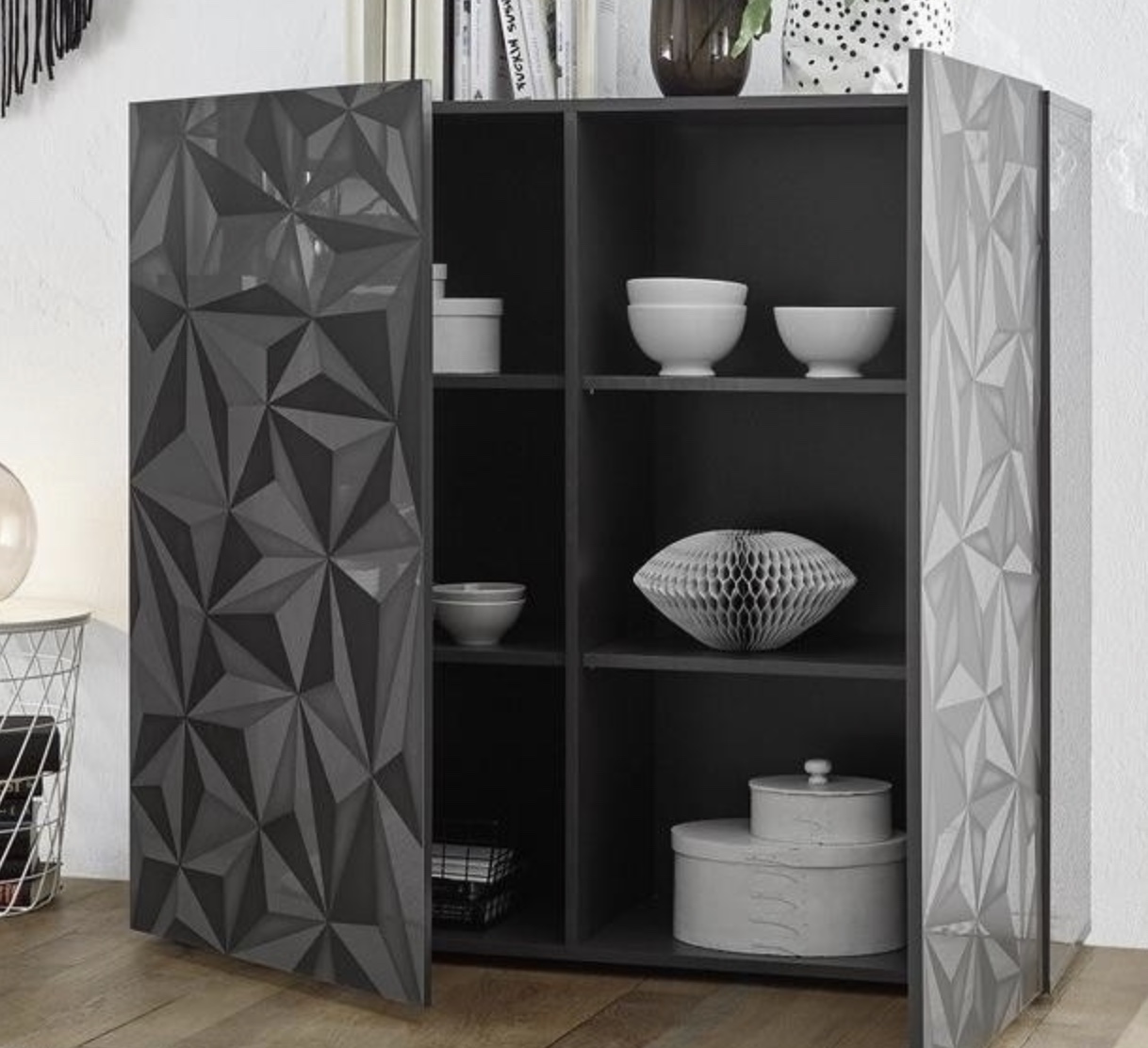 Madia contenitore 2 ante, grigio laccato lucido con serigrafia prismatica