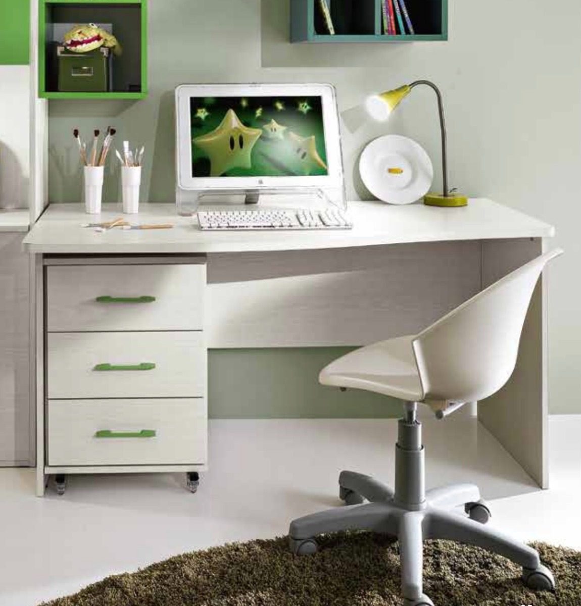 Scrivania con sagomatura sinistra, colore Kiri, con cassettiera indipendente, Made in Italy