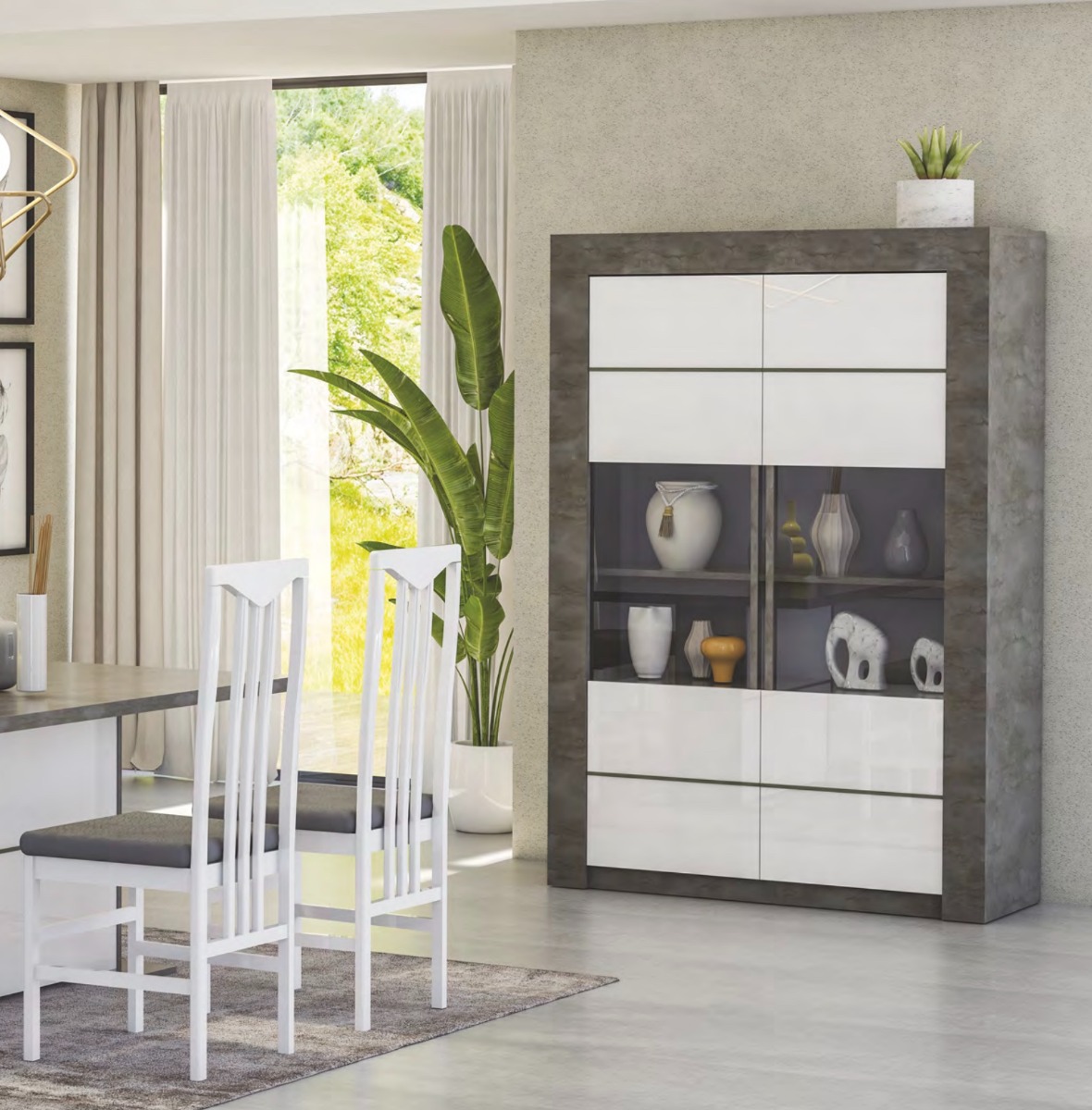 Vetrina 2 ante Ossido con frontali in Bianco lucido serigrafato, made in Italy