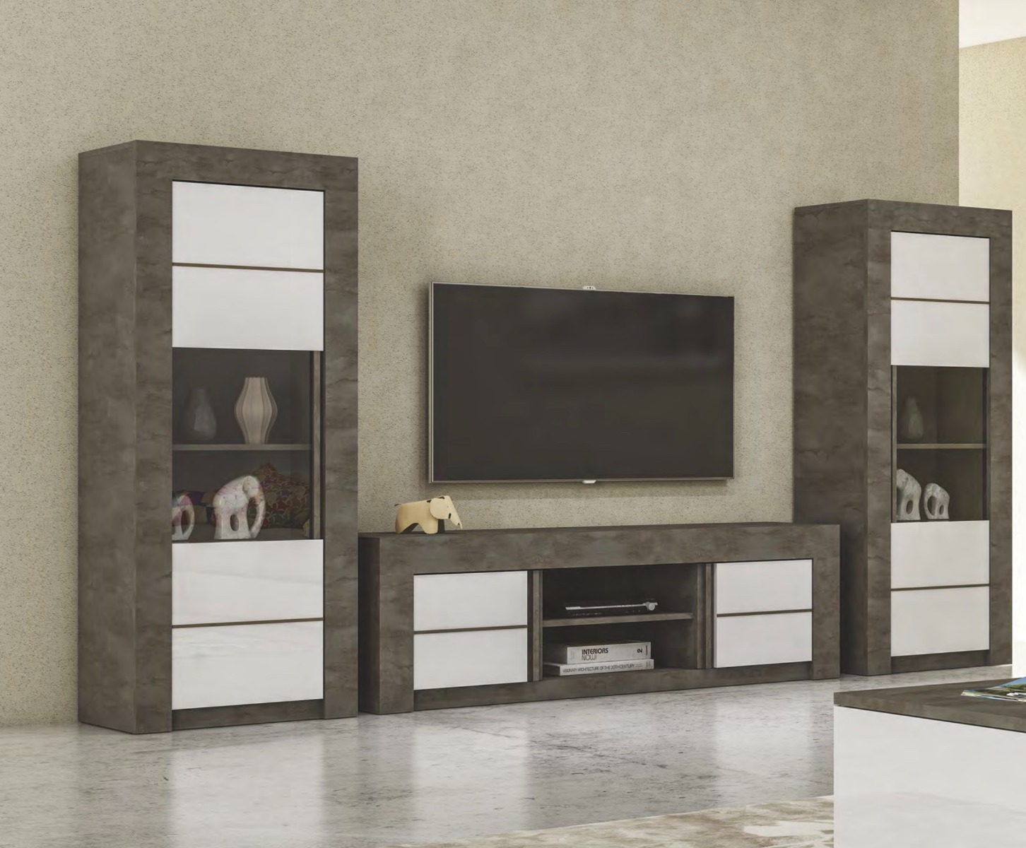 Vetrina colonna a 1 anta, color ossido con frontali in bianco lucido serigrafato