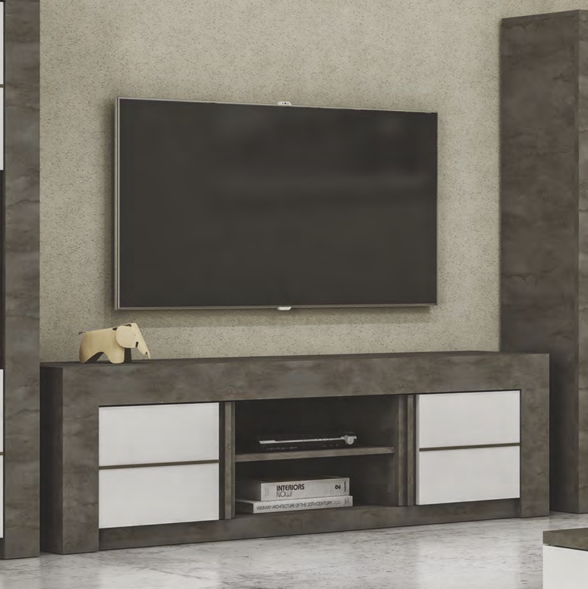 Porta TV 2 ante, color ossido con frontali in bianco lucido serigrafato