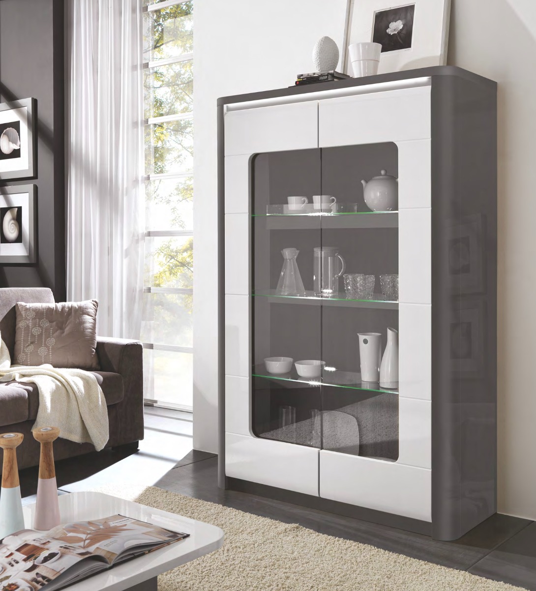 Vetrina 2 ante, grigio basalto lucido e bianco lucido, made in Italy