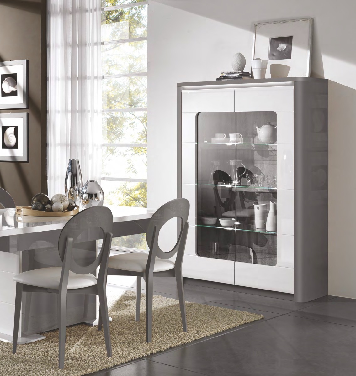 Vetrina 2 ante, grigio basalto lucido e bianco lucido, made in Italy