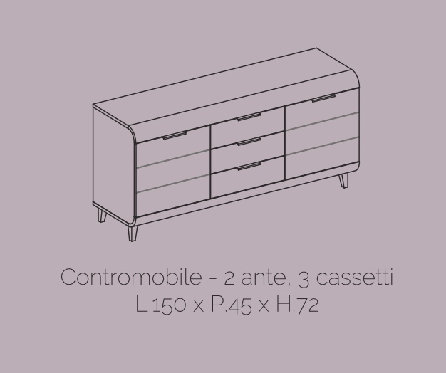 Madia 2 ante e 3 cassetti con piedini, Bianco lucido, made in Italy