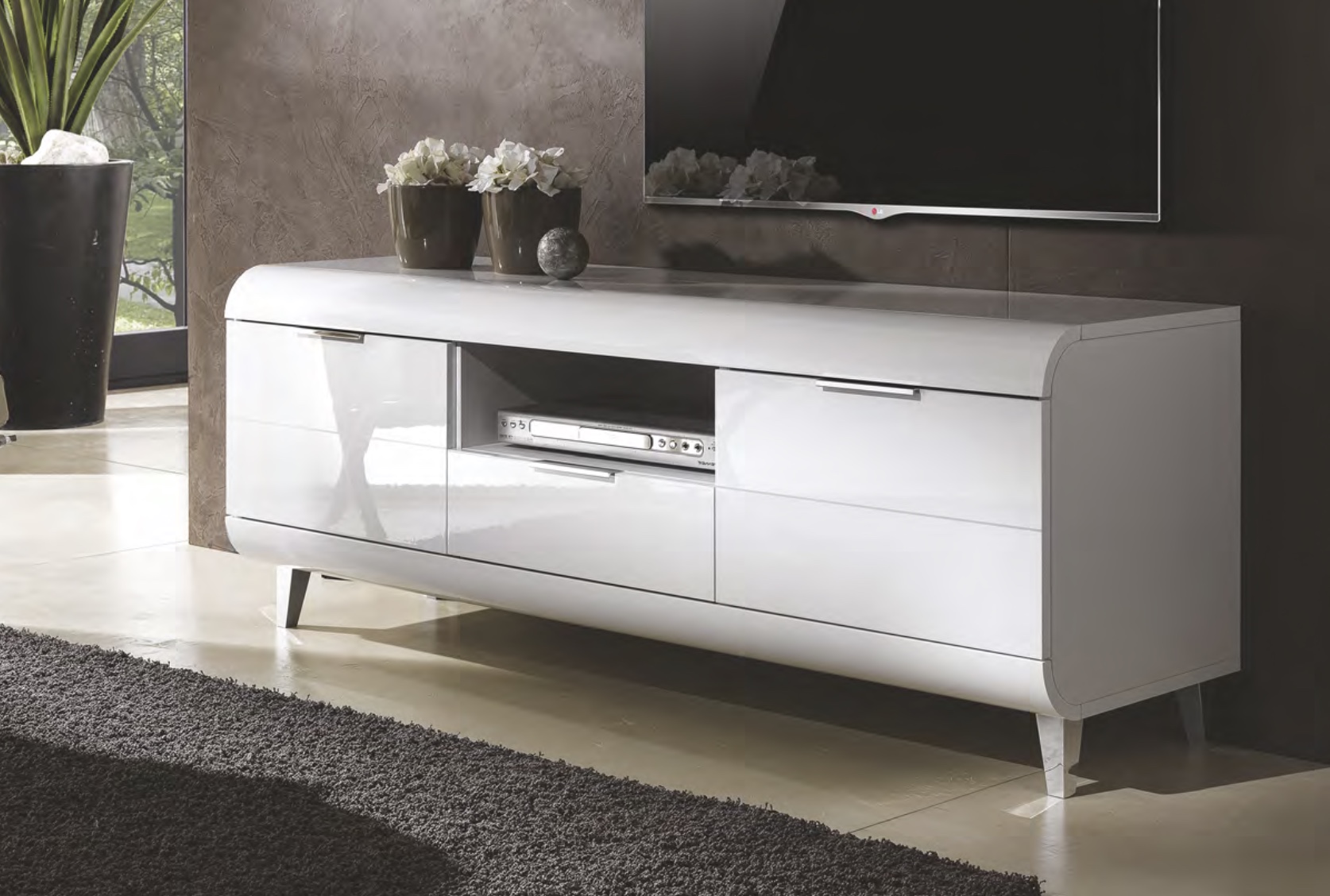 Porta TV con due ante e un cassetto, in finitura Bianco lucido, con piedini